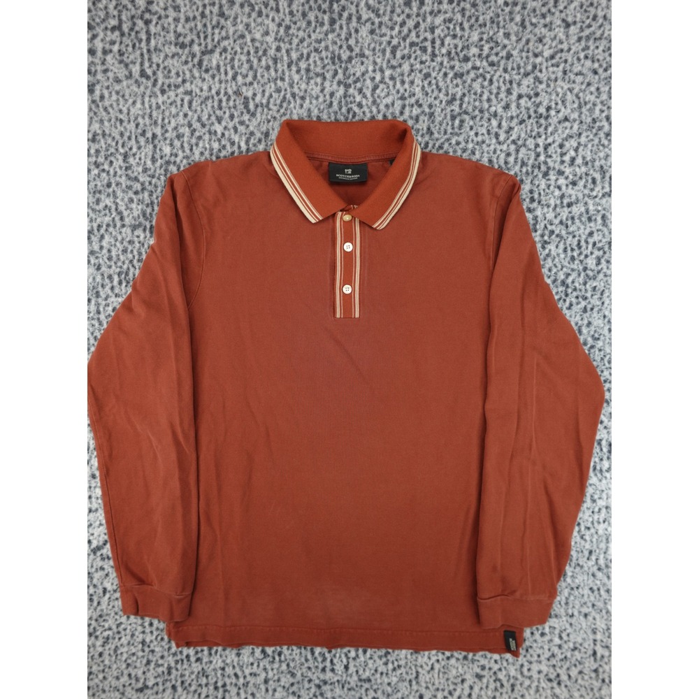 Scotch & Soda Mens Long Sleeve Polo Shirt Medium Burnt Orange Striped Trim Pique